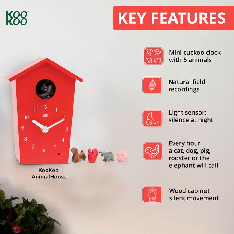 KOOKOO AnimalHouse red, Small Cuckoo Clock with 5 Farm Animals Sounds (Natural Field Recordings) - Image 4